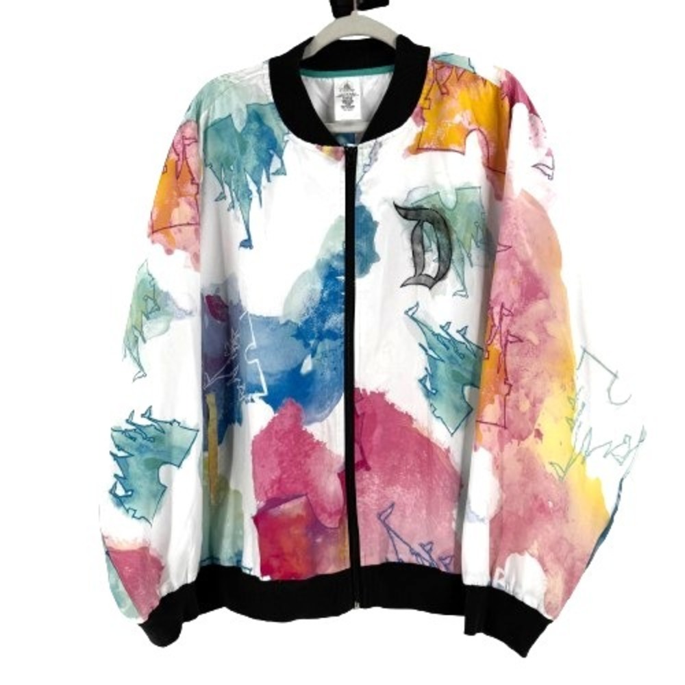 Disneyland Watercolor Satin Bomber Jacket Women's 2X Sleeping Beauty's Castle‎